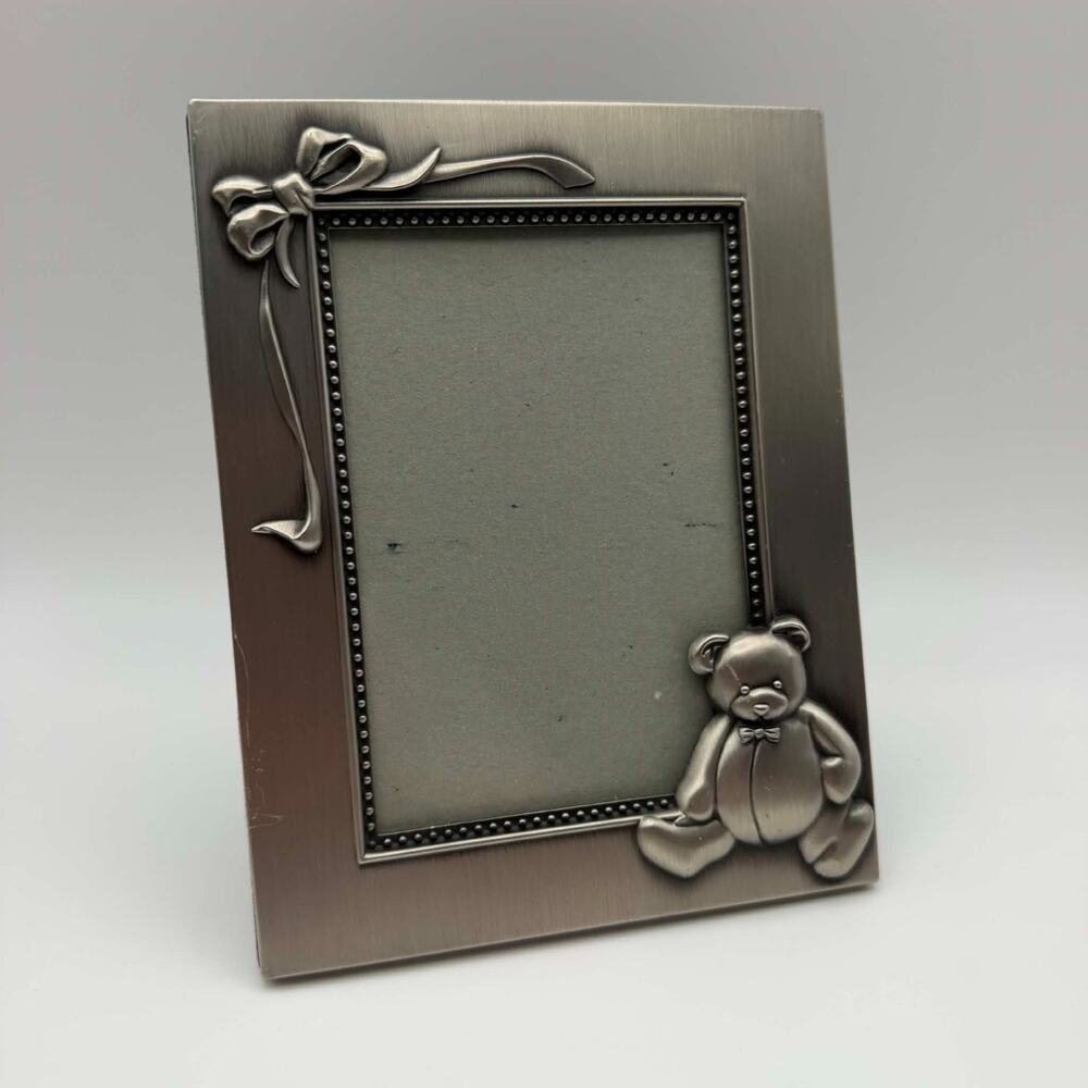 Burnes Of Boston Brushed Silver Picture Frame W/Teddy Bear & Bow Size 3.5" X 5"